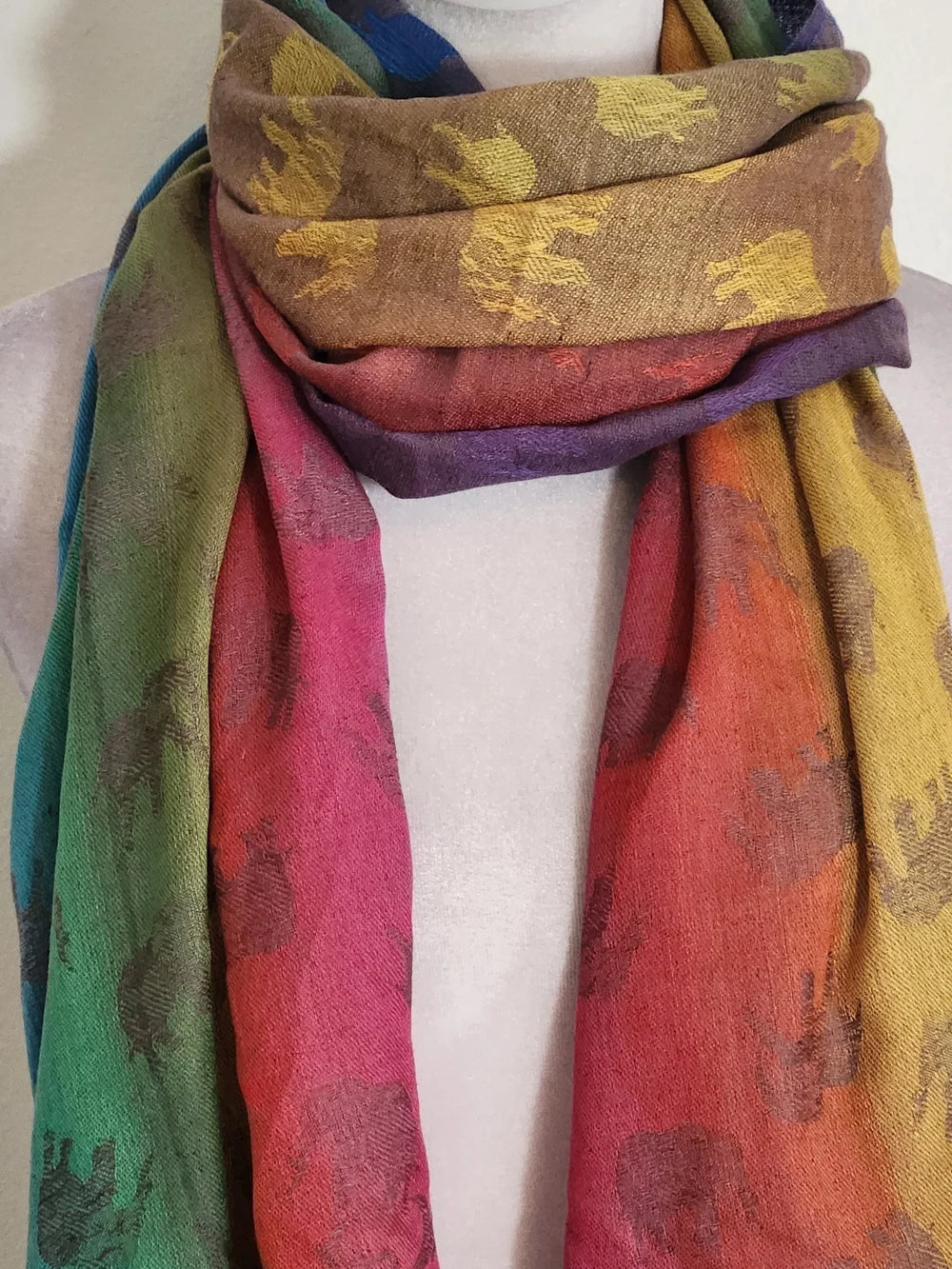 Pashmina Rainbow Elephant Print Scarf with Fringe 68 x 26